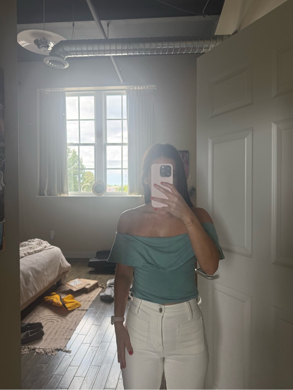 Forever 21 Off-Shoulder Ruffle bodysuit in Sage Green